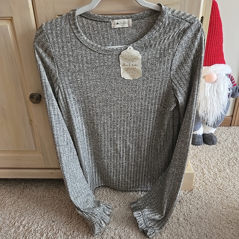 Altar'd State Womens Grey Sparkled Ruffled Sleeve Long Sleeve Blouse Top NWT
